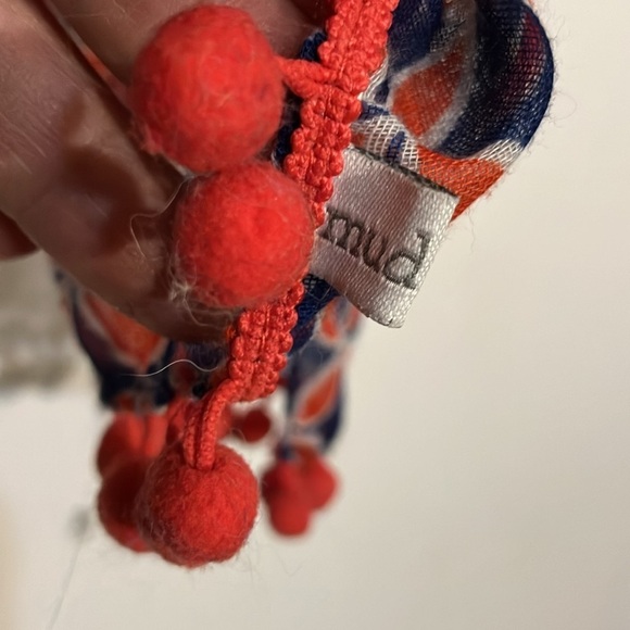 🌈 Mud Pie Pom Pom fringed India print cotton semi sheer scarf - Picture 6 of 10